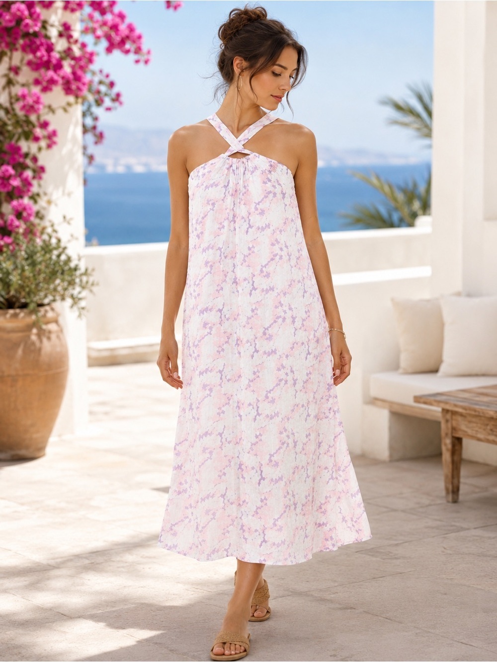 Forever 21 NWT Abstract Print Halter Shift Maxi Dress Pink Small